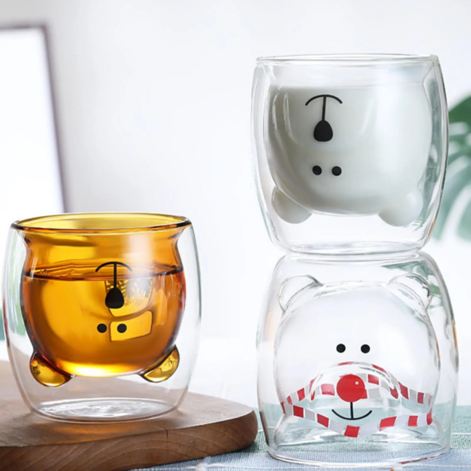 2pcs Cute Bear Mugs Double Wall Insulated Glasses for Juice Coffee Tea Milk - Brown Bear