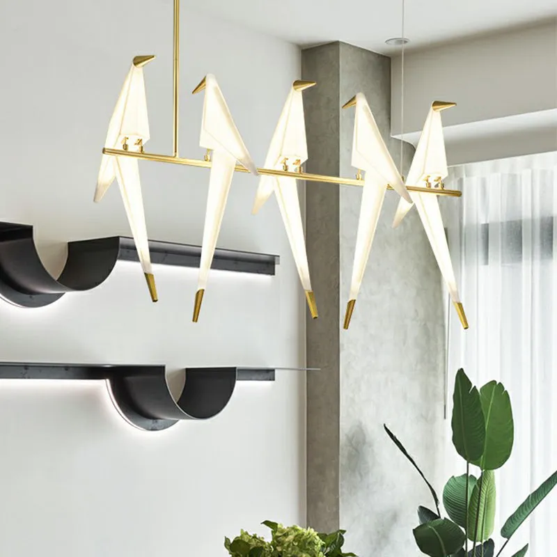Art Deco Acrylic Bird Island Pendant Light with 5 White and Gold LED Bulbs