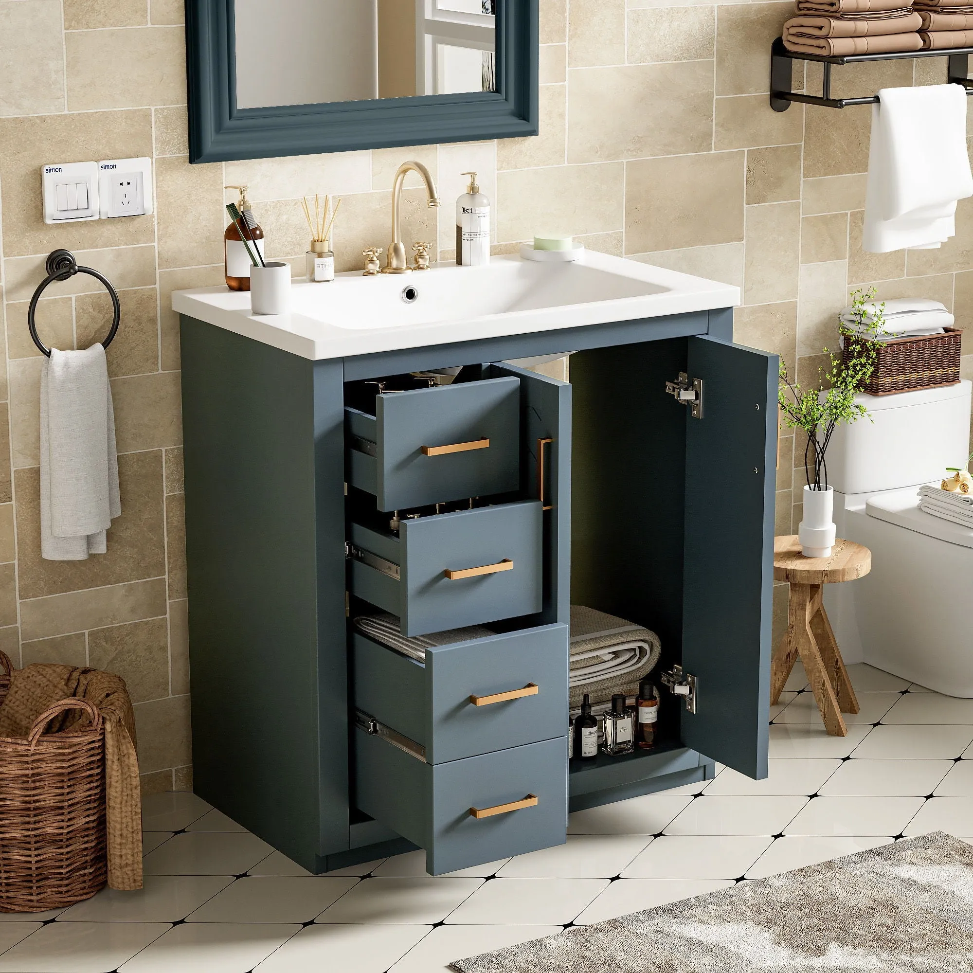 Ceramic Sink Combo, Freestanding Vanity Set With 3 Drawers & Soft Closing Doors by Couch.com