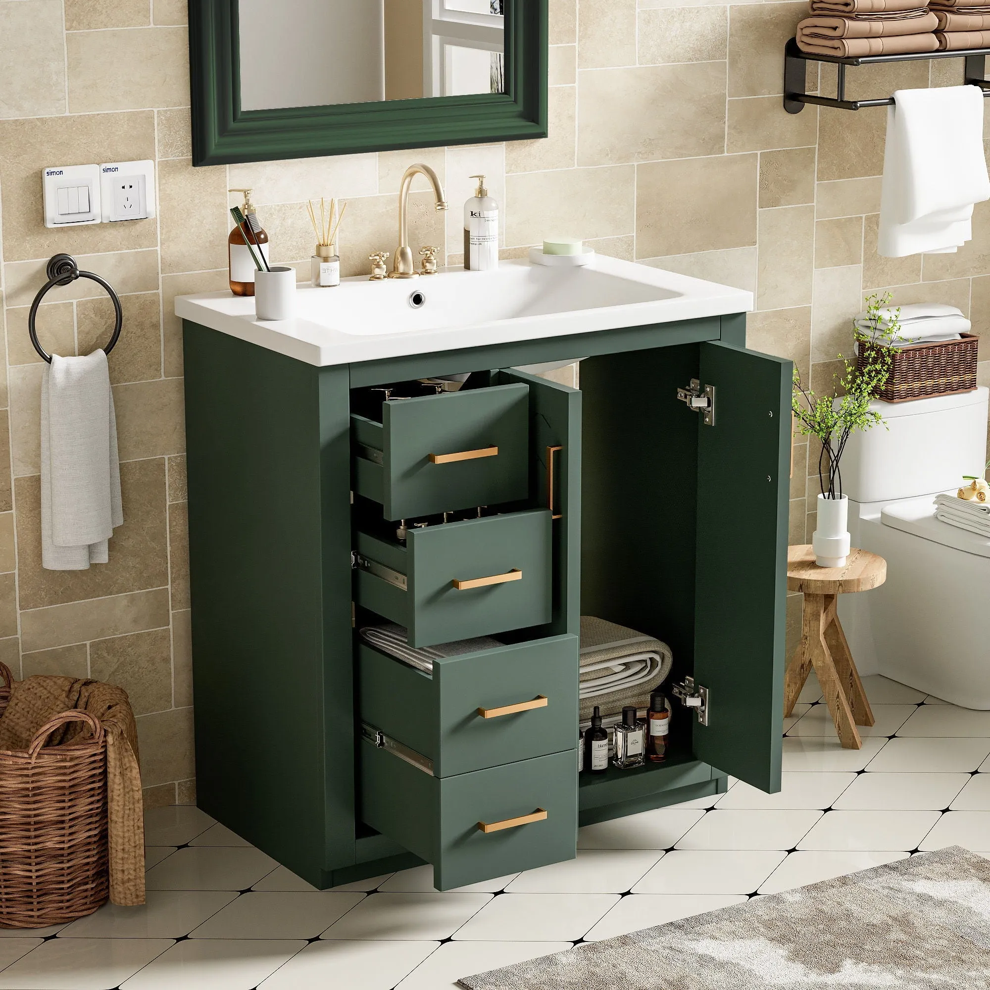 Ceramic Sink Combo, Freestanding Vanity Set With 3 Drawers & Soft Closing Doors by Couch.com