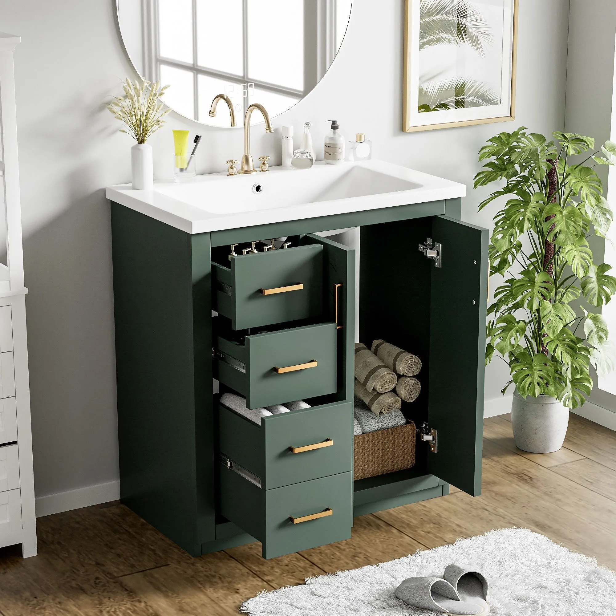 Ceramic Sink Combo, Freestanding Vanity Set With 3 Drawers & Soft Closing Doors by Couch.com