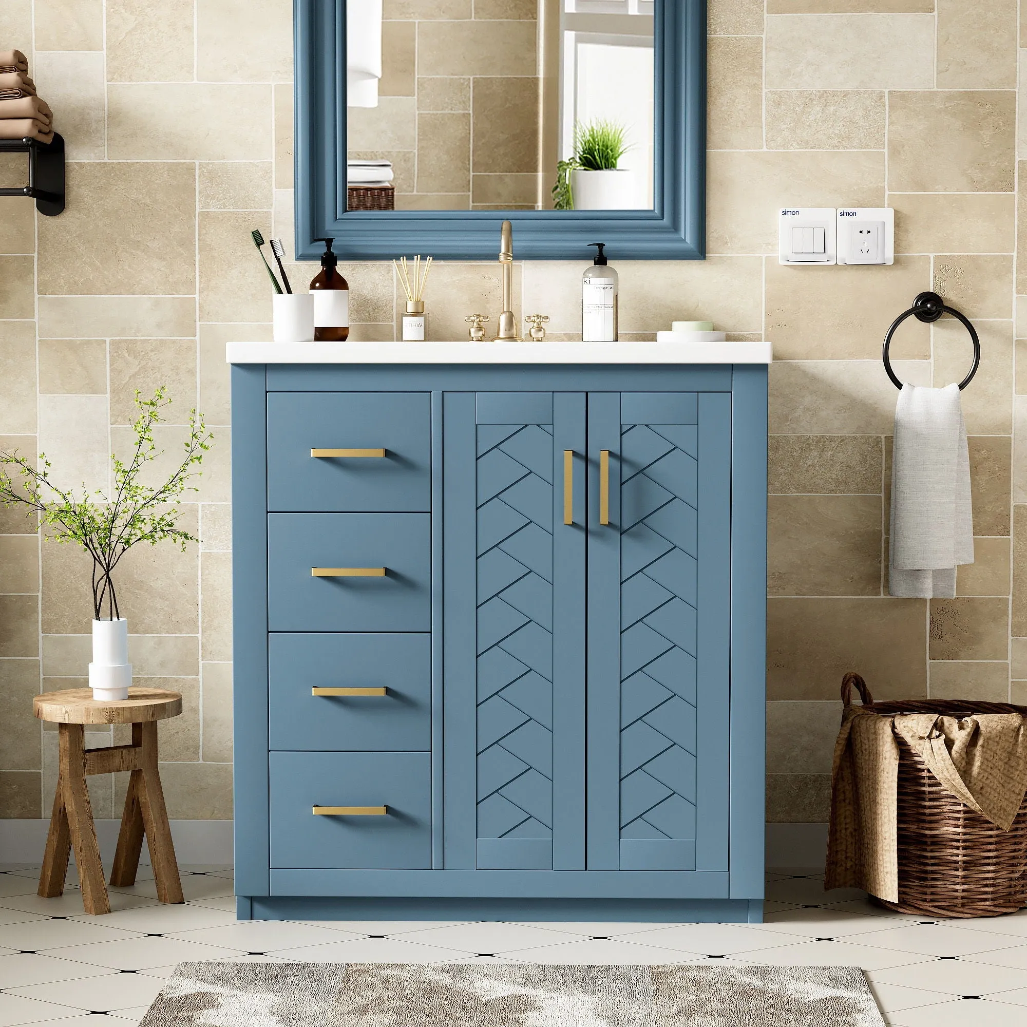 Ceramic Sink Combo, Freestanding Vanity Set With 3 Drawers & Soft Closing Doors by Couch.com
