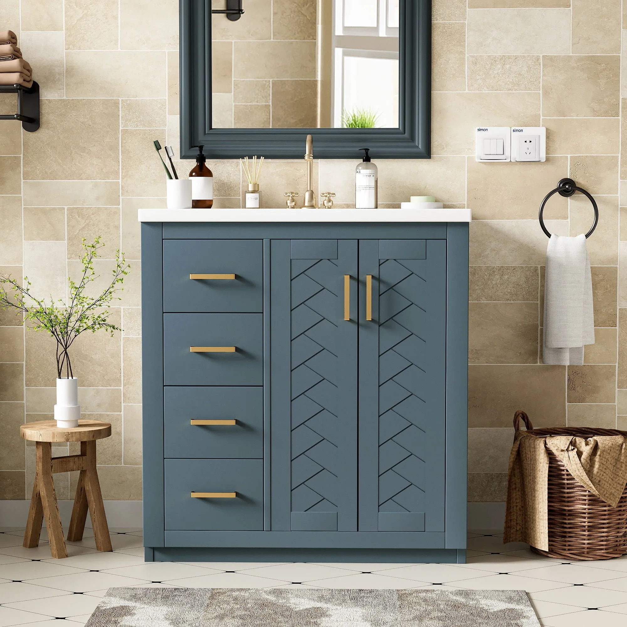 Ceramic Sink Combo, Freestanding Vanity Set With 3 Drawers & Soft Closing Doors by Couch.com