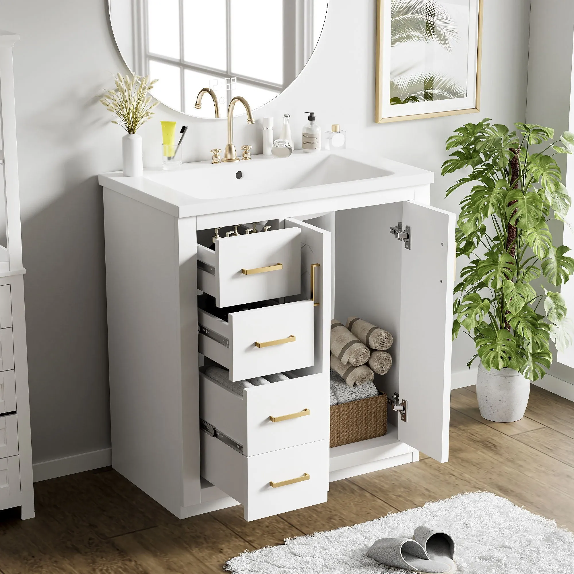 Ceramic Sink Combo, Freestanding Vanity Set With 3 Drawers & Soft Closing Doors by Couch.com