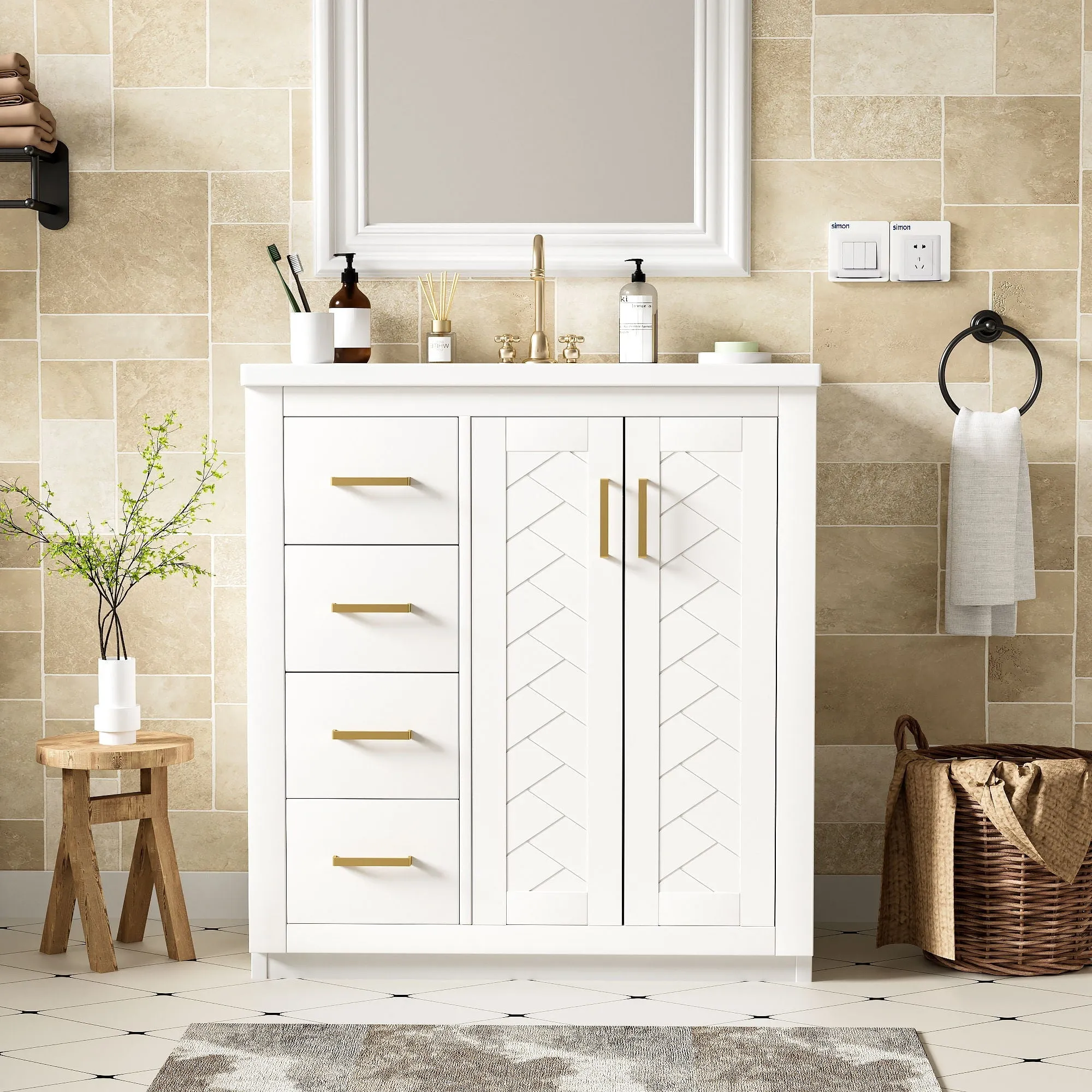 Ceramic Sink Combo, Freestanding Vanity Set With 3 Drawers & Soft Closing Doors by Couch.com