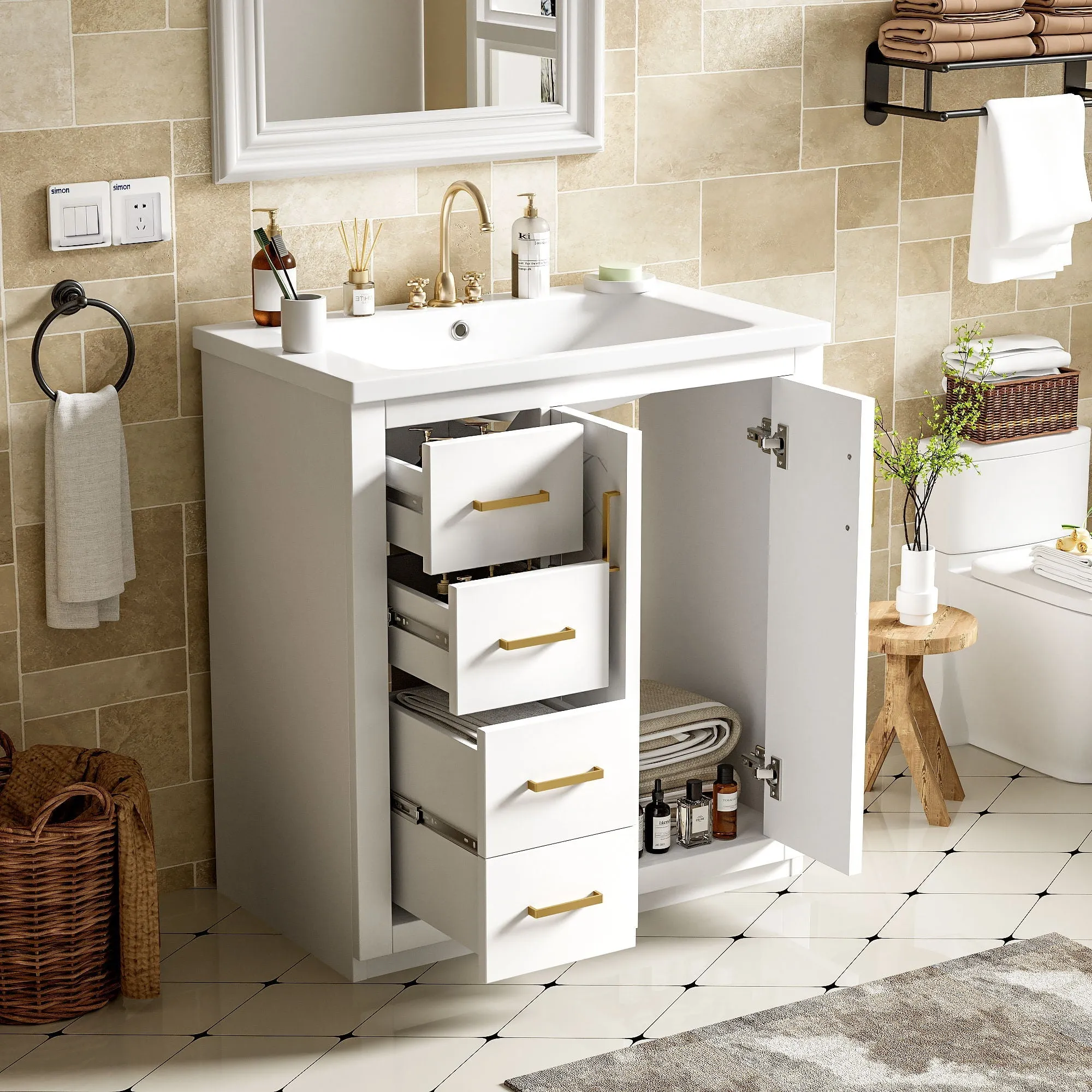 Ceramic Sink Combo, Freestanding Vanity Set With 3 Drawers & Soft Closing Doors by Couch.com