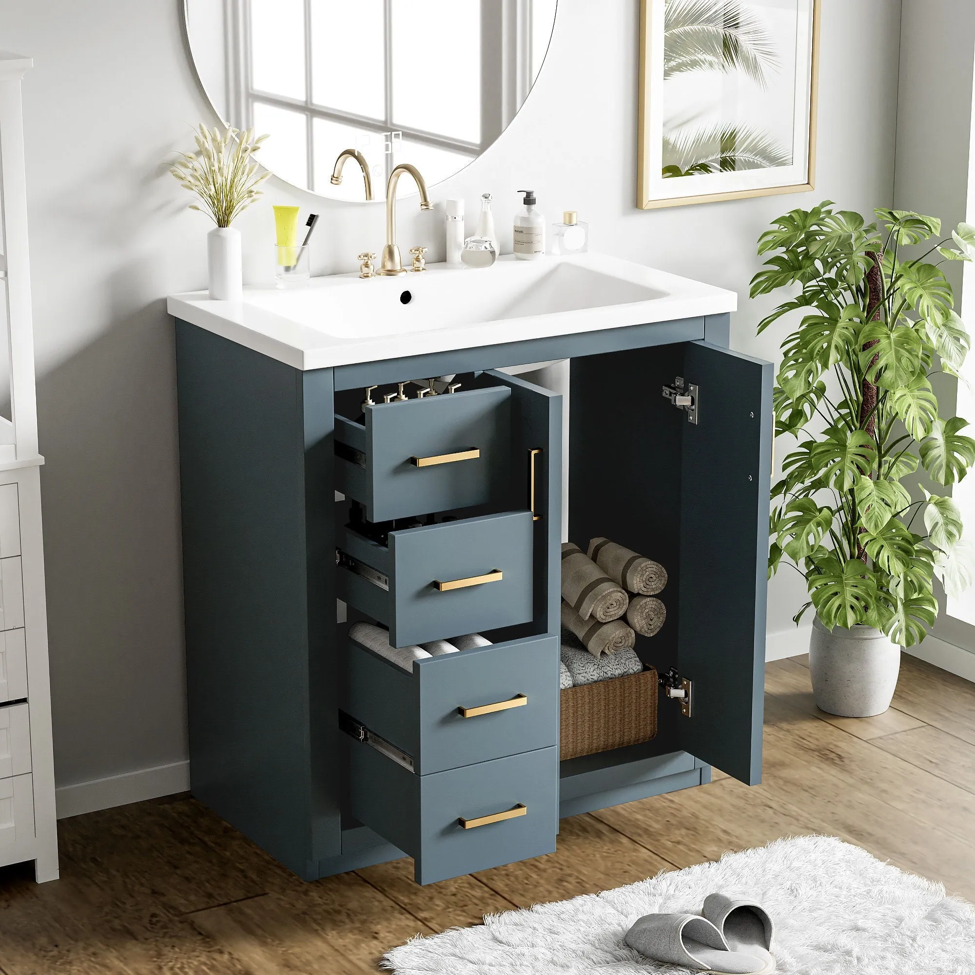 Ceramic Sink Combo, Freestanding Vanity Set With 3 Drawers & Soft Closing Doors by Couch.com