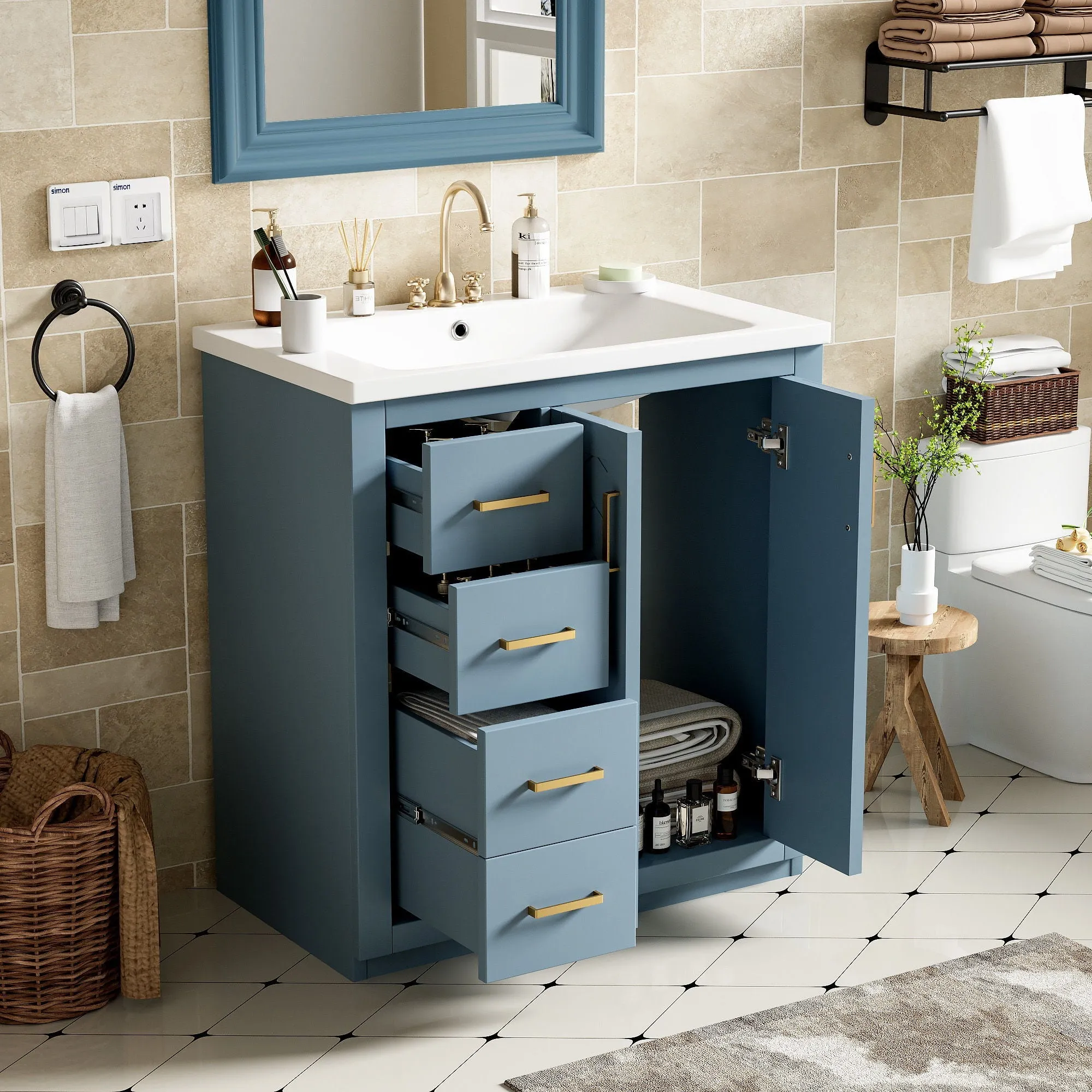 Ceramic Sink Combo, Freestanding Vanity Set With 3 Drawers & Soft Closing Doors by Couch.com