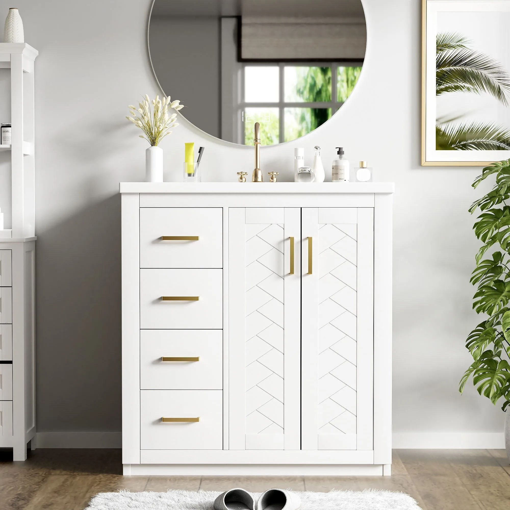 Ceramic Sink Combo, Freestanding Vanity Set With 3 Drawers & Soft Closing Doors by Couch.com