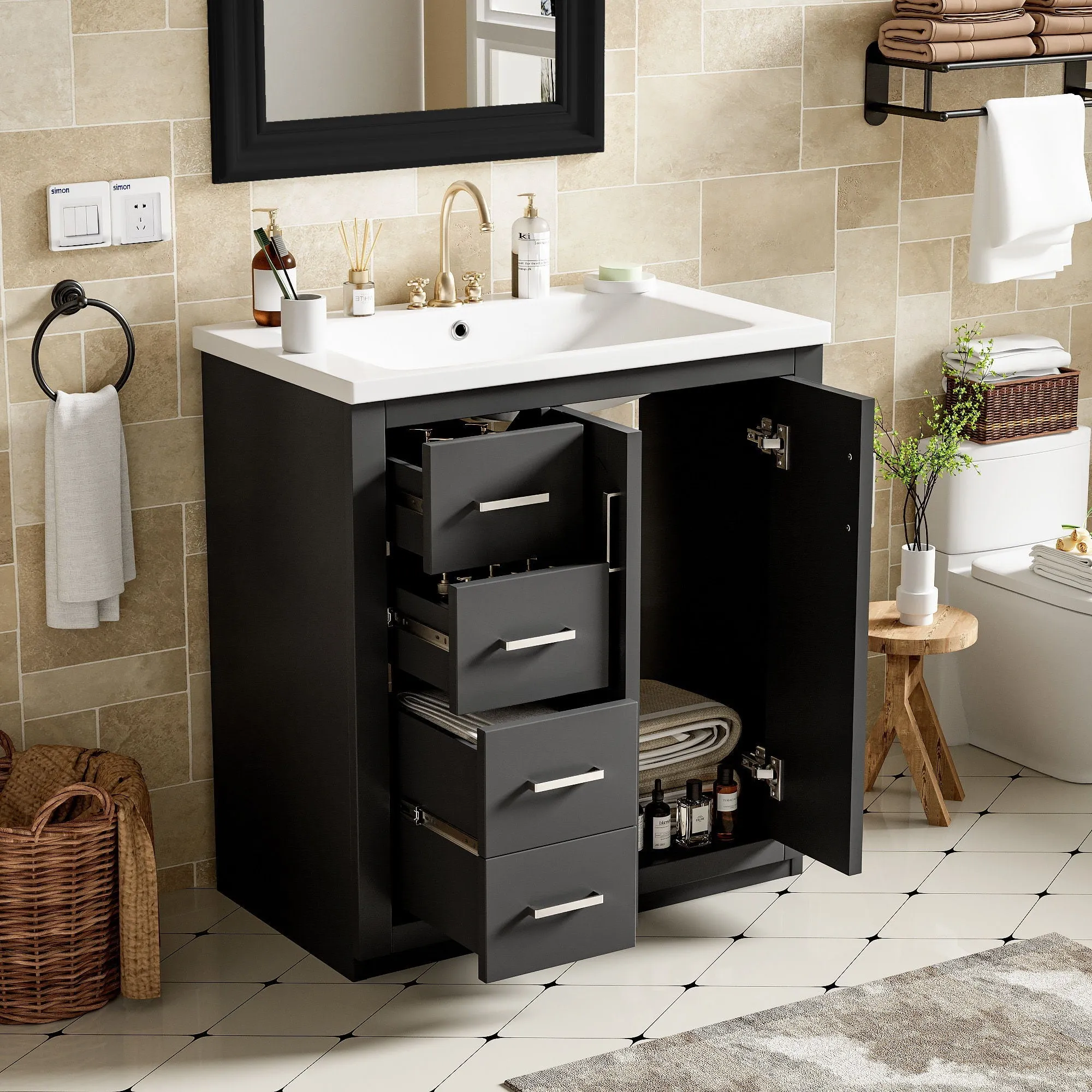 Ceramic Sink Combo, Freestanding Vanity Set With 3 Drawers & Soft Closing Doors by Couch.com