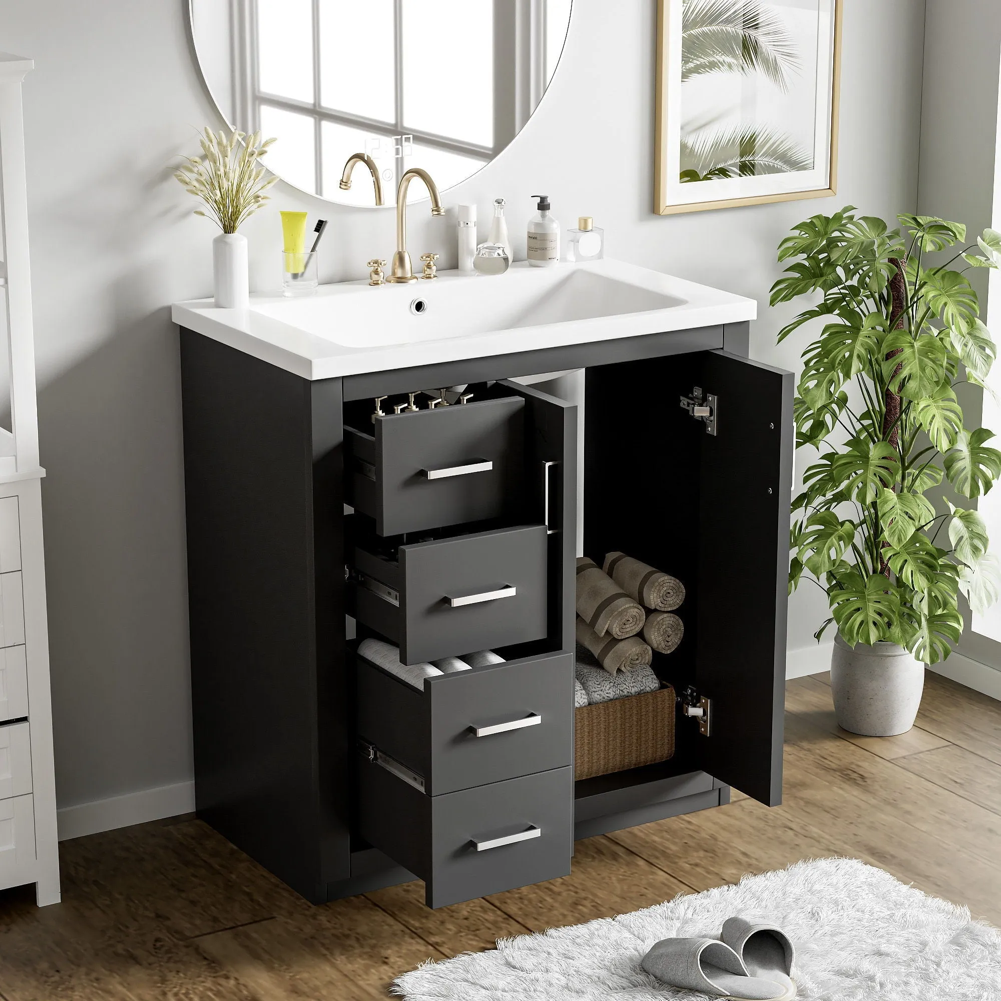 Ceramic Sink Combo, Freestanding Vanity Set With 3 Drawers & Soft Closing Doors by Couch.com