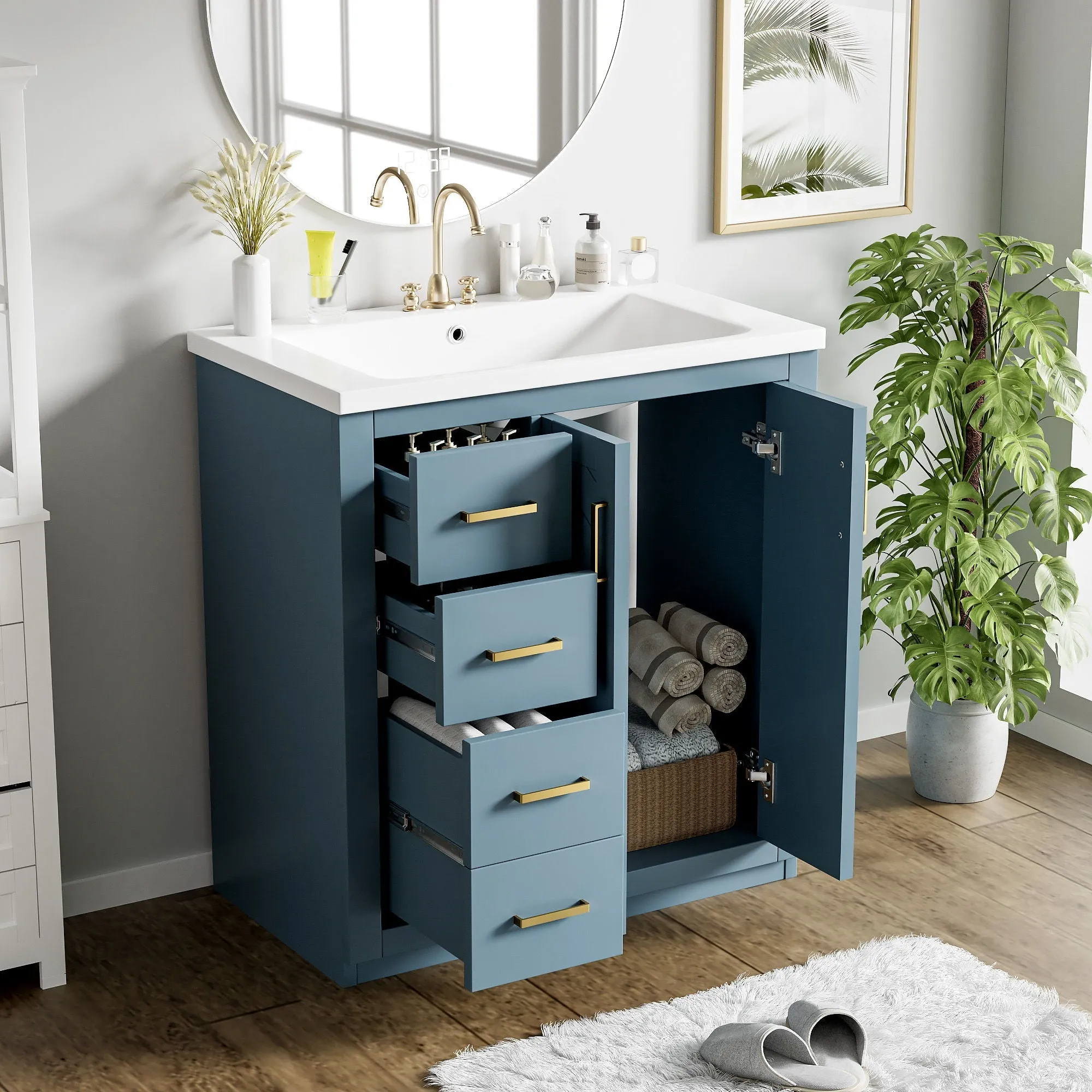 Ceramic Sink Combo, Freestanding Vanity Set With 3 Drawers & Soft Closing Doors by Couch.com