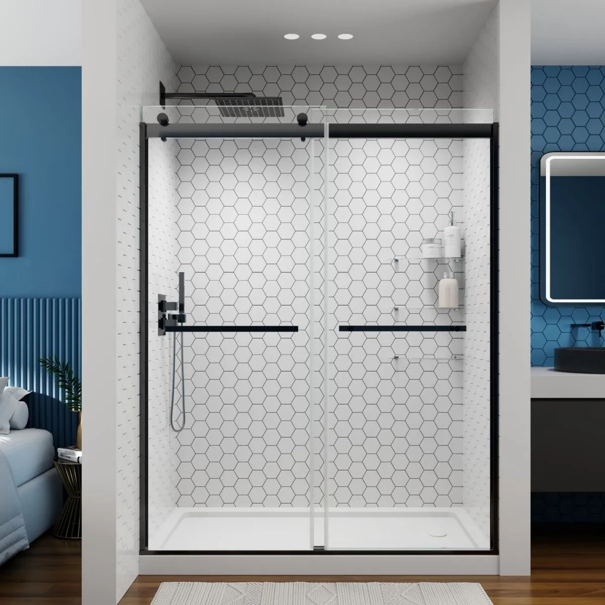 ExRoll 56"-60" Width x 74" Height Shower Sliding Glass,Clear Tempered Glass,Matte Black,Horizontal Handle,Smooth Door Closing