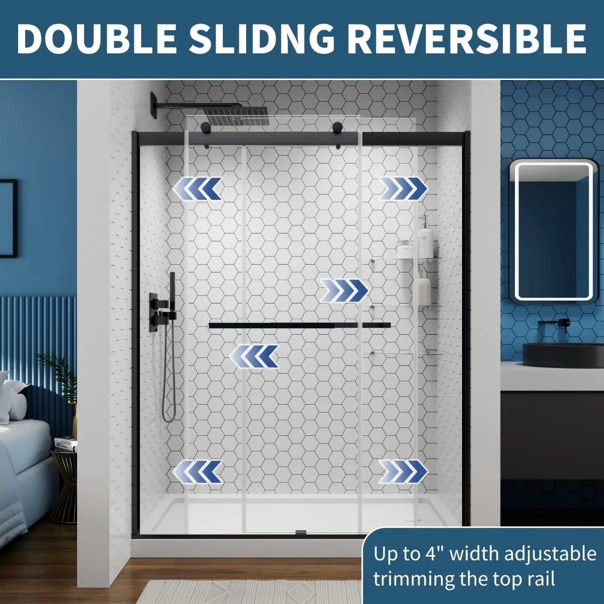 ExRoll 56"-60" Width x 74" Height Shower Sliding Glass,Clear Tempered Glass,Matte Black,Horizontal Handle,Smooth Door Closing