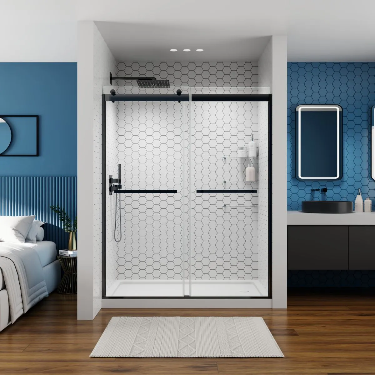 ExRoll 56"-60" Width x 74" Height Shower Sliding Glass,Clear Tempered Glass,Matte Black,Horizontal Handle,Smooth Door Closing