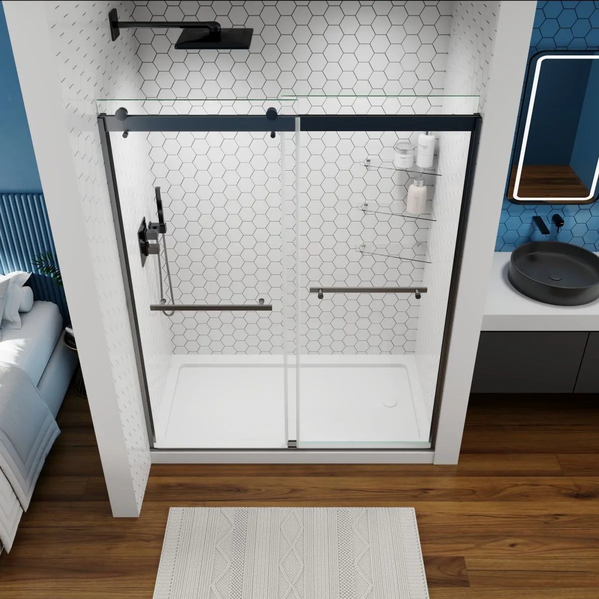 ExRoll 56"-60" Width x 74" Height Shower Sliding Glass,Clear Tempered Glass,Matte Black,Horizontal Handle,Smooth Door Closing