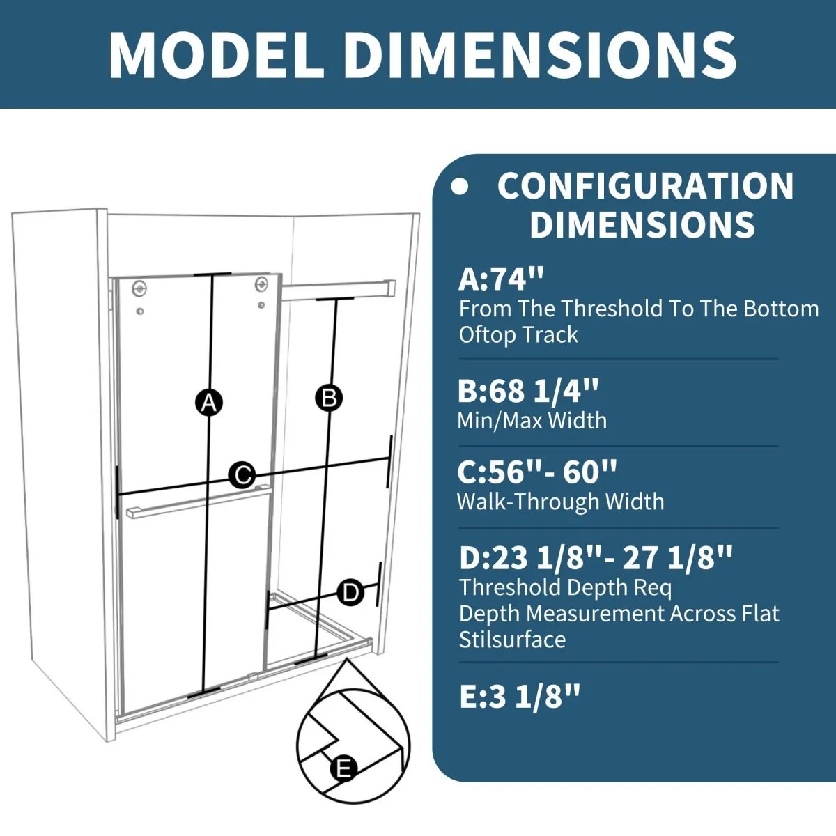 ExRoll 56"-60" Width x 74" Height Shower Sliding Glass,Clear Tempered Glass,Matte Black,Horizontal Handle,Smooth Door Closing