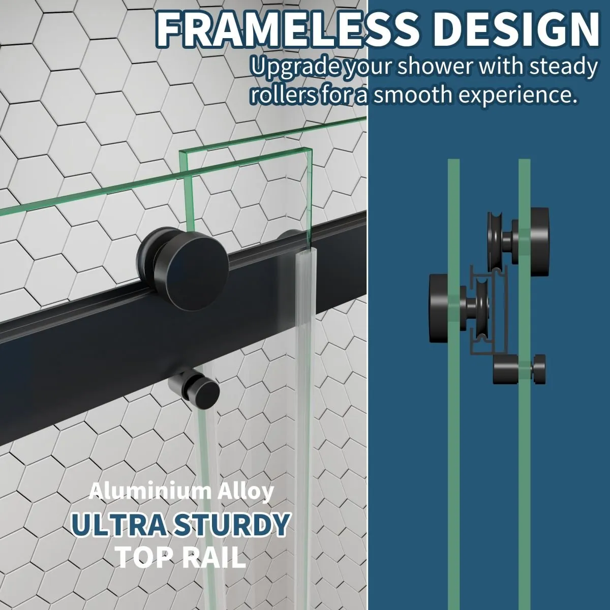 ExRoll 56"-60" Width x 74" Height Shower Sliding Glass,Clear Tempered Glass,Matte Black,Horizontal Handle,Smooth Door Closing
