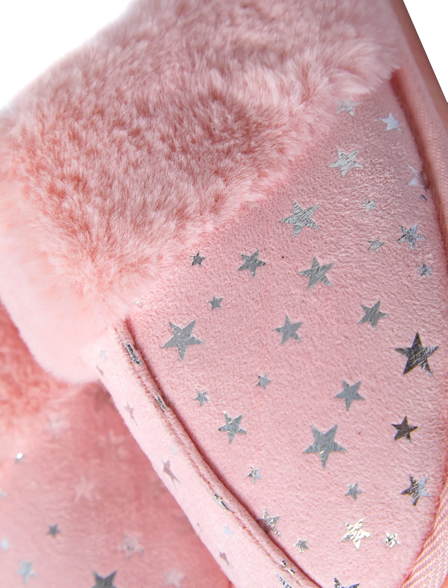 Gravity Foil Star Print Faux Suede Mule Slippers with Faux Fur Lining & Trim in Light Pink - Tokyo Laundry