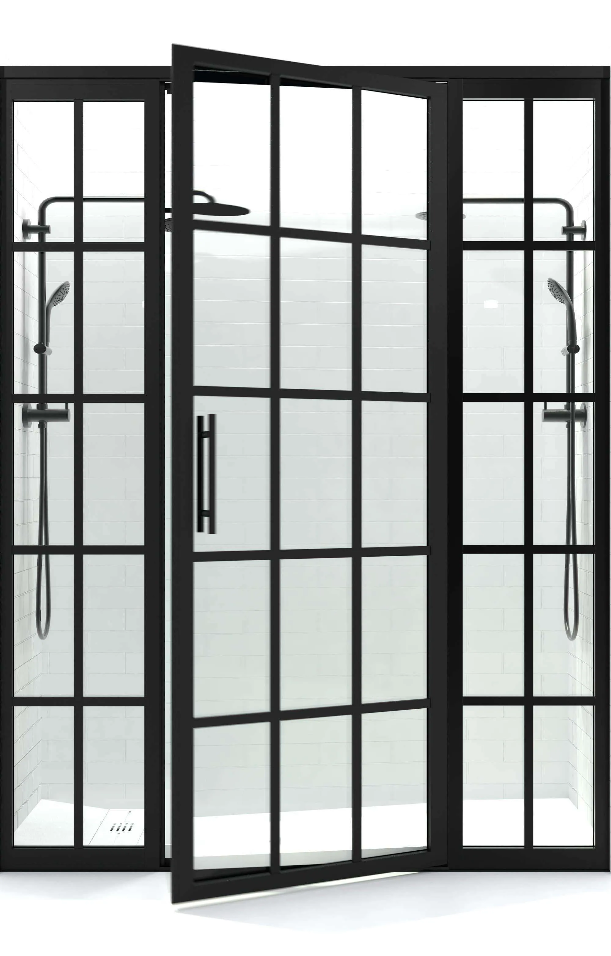 Gridscape GS1 Swing Shower Door with 2 Side Panels in Black with Clear Glass