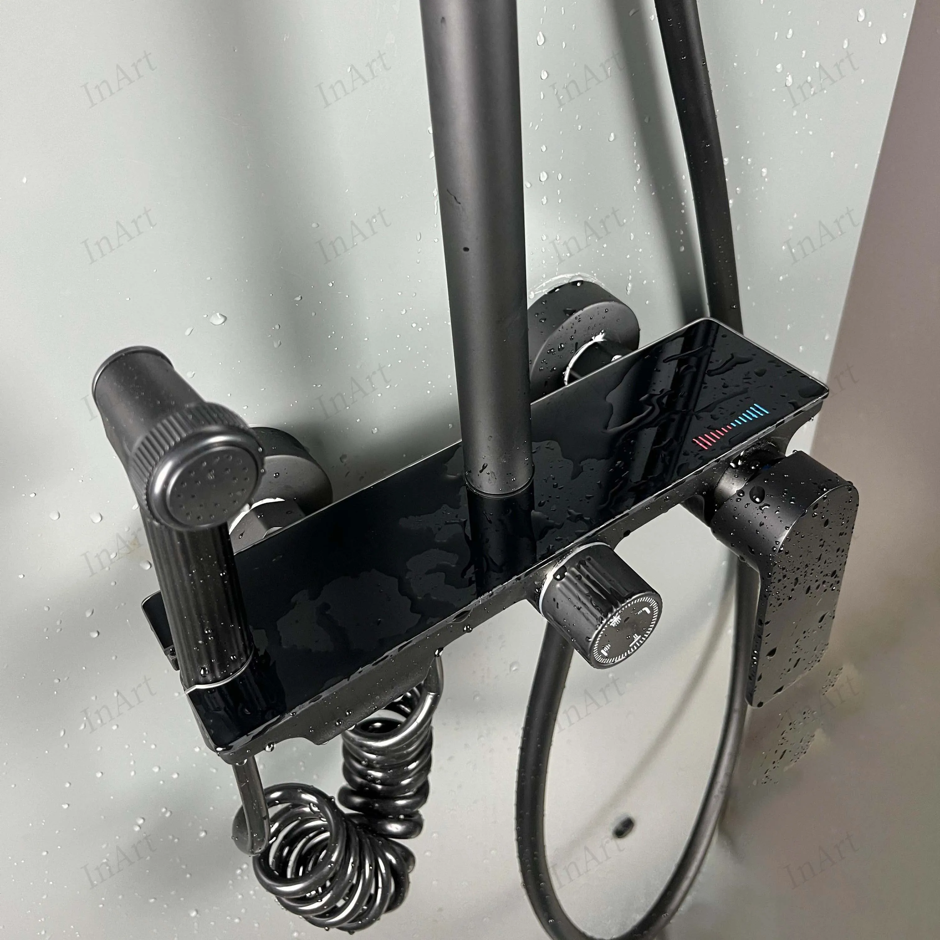 InArt Brass Wall Mount Shower Set, 4-Function Mixer Shower System with Hand Shower, Overhead Shower, and Jet Spray for Bathrooms Black Color
 SP060