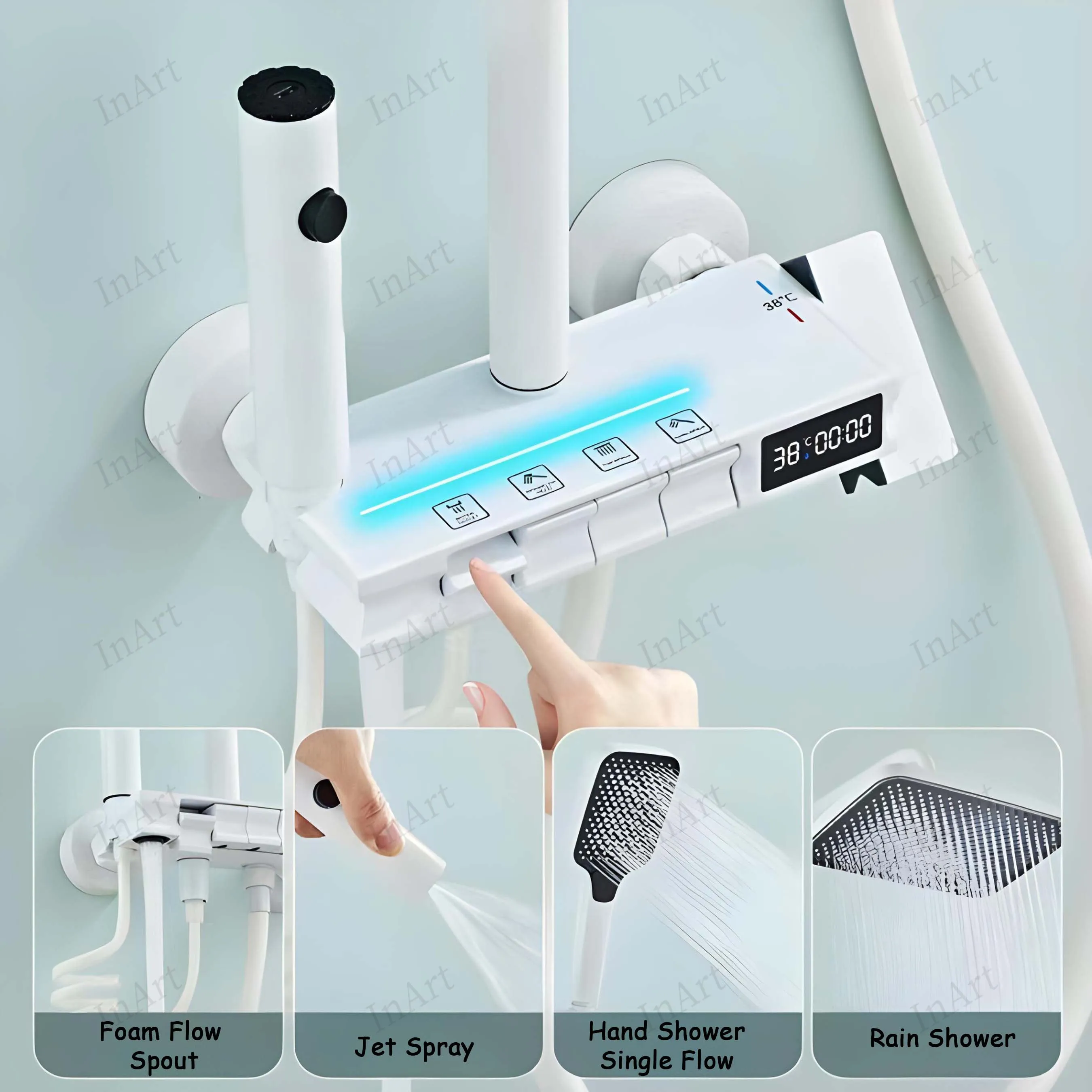 InArt Wall Mixer Shower Panel: SS304 Stainless Steel, Thermostatic, Multi-Mode Rainfall & Waterfall, White Finish, Easy Install, Complete Set White Color SP061