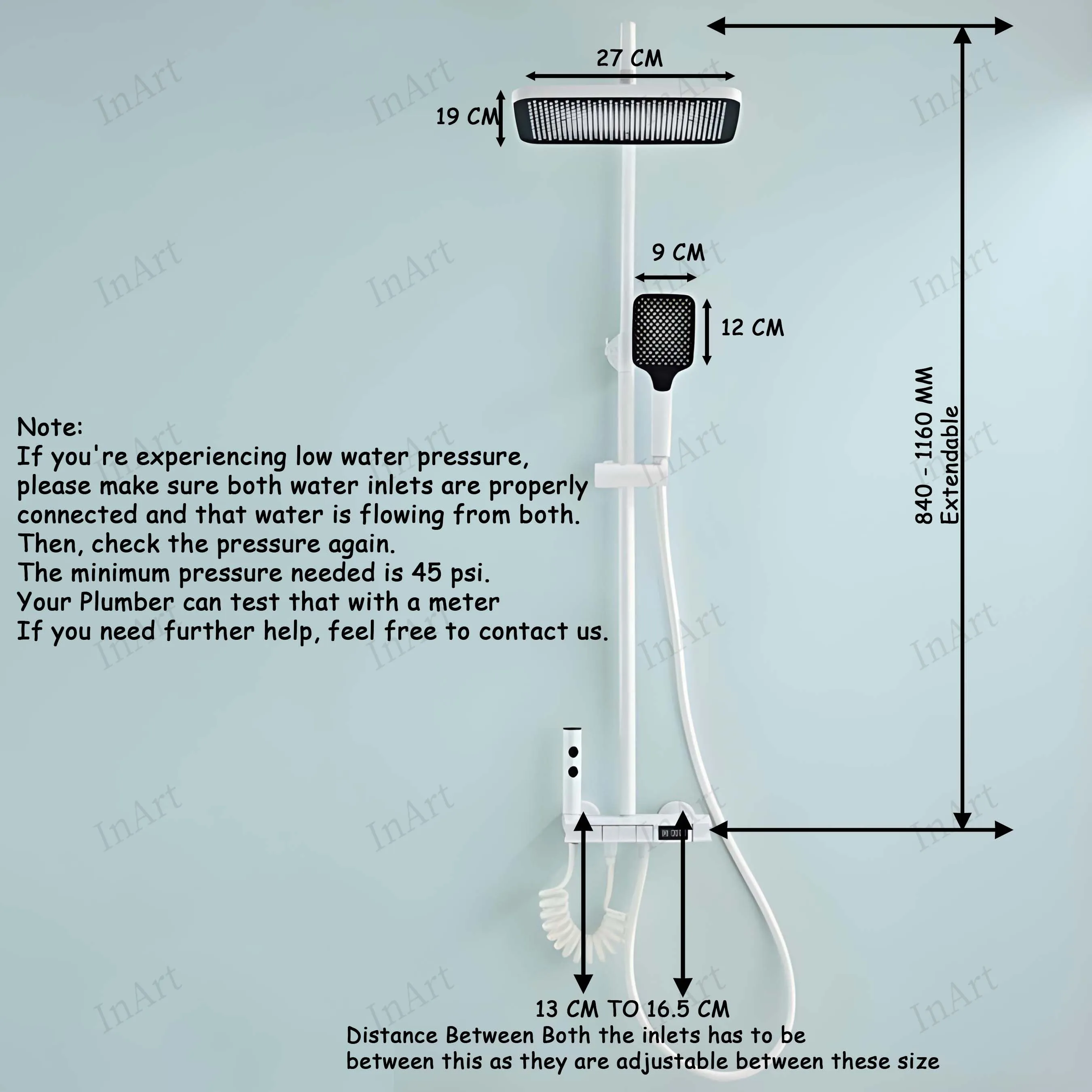 InArt Wall Mixer Shower Panel: SS304 Stainless Steel, Thermostatic, Multi-Mode Rainfall & Waterfall, White Finish, Easy Install, Complete Set White Color SP061