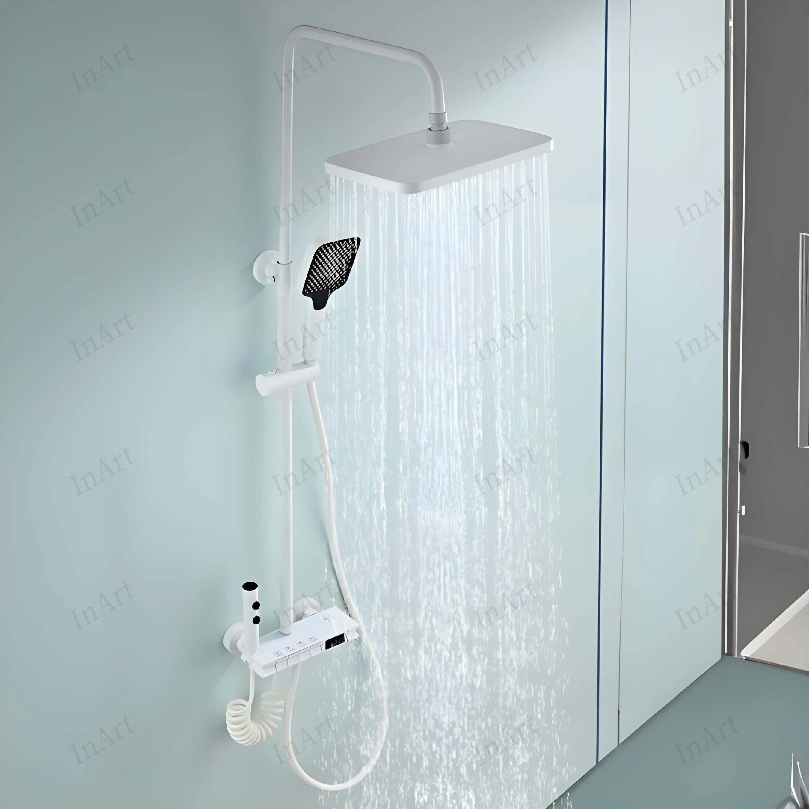 InArt Wall Mixer Shower Panel: SS304 Stainless Steel, Thermostatic, Multi-Mode Rainfall & Waterfall, White Finish, Easy Install, Complete Set White Color SP061