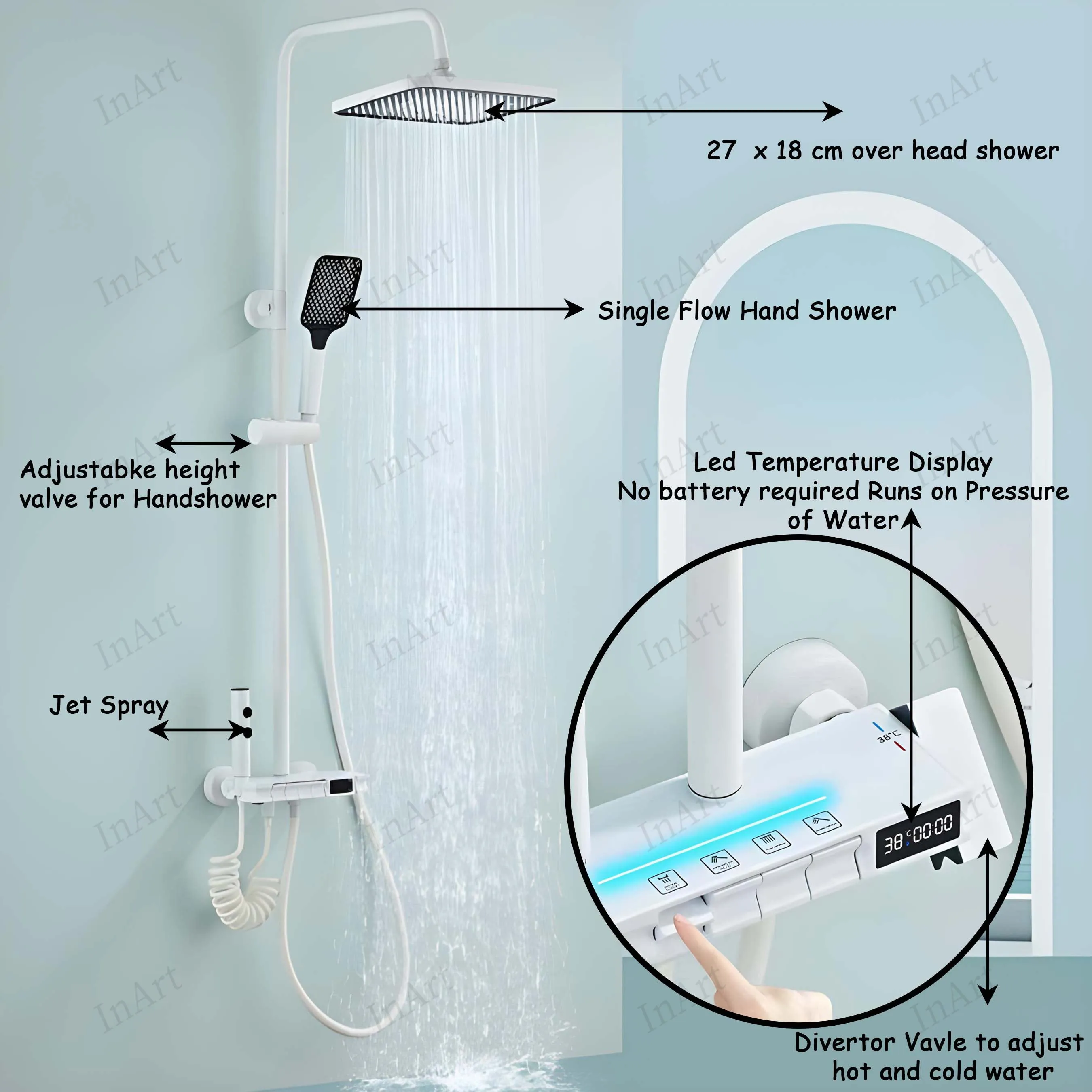 InArt Wall Mixer Shower Panel: SS304 Stainless Steel, Thermostatic, Multi-Mode Rainfall & Waterfall, White Finish, Easy Install, Complete Set White Color SP061