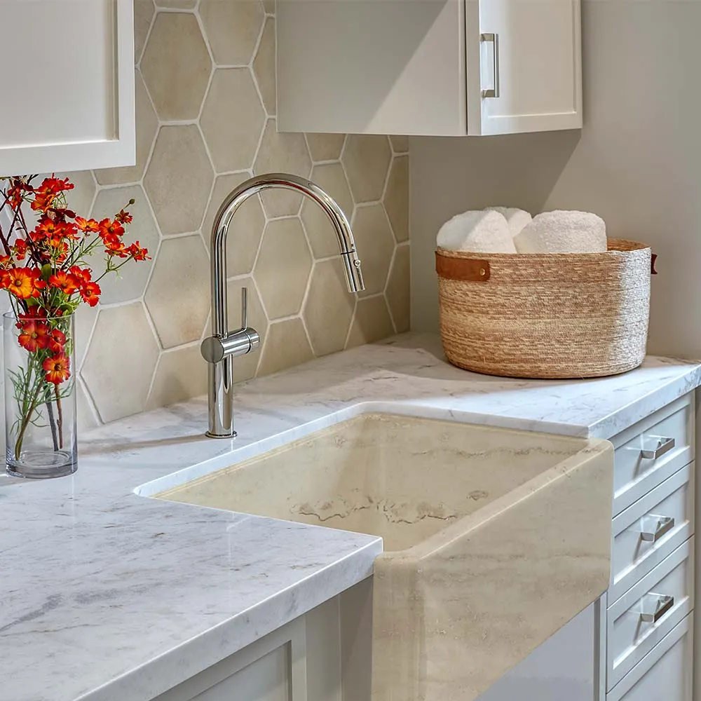 Italian Handmade Ceramic Farmhouse Sink in Travertine Appearance