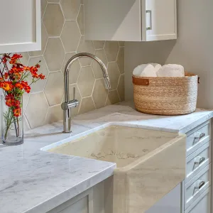 Italian Handmade Ceramic Farmhouse Sink in Travertine Appearance