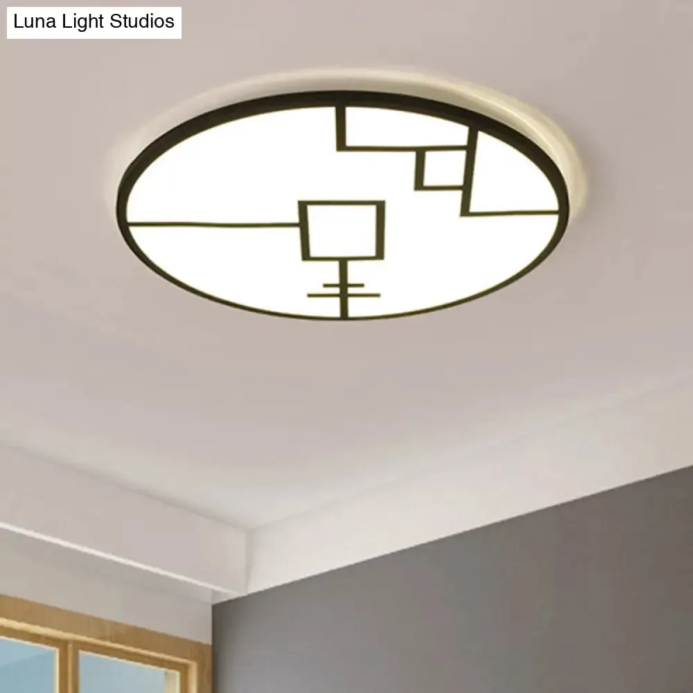 Modern Round Flush Mount LED Bedroom Light in White/Black Metallic with Pattern