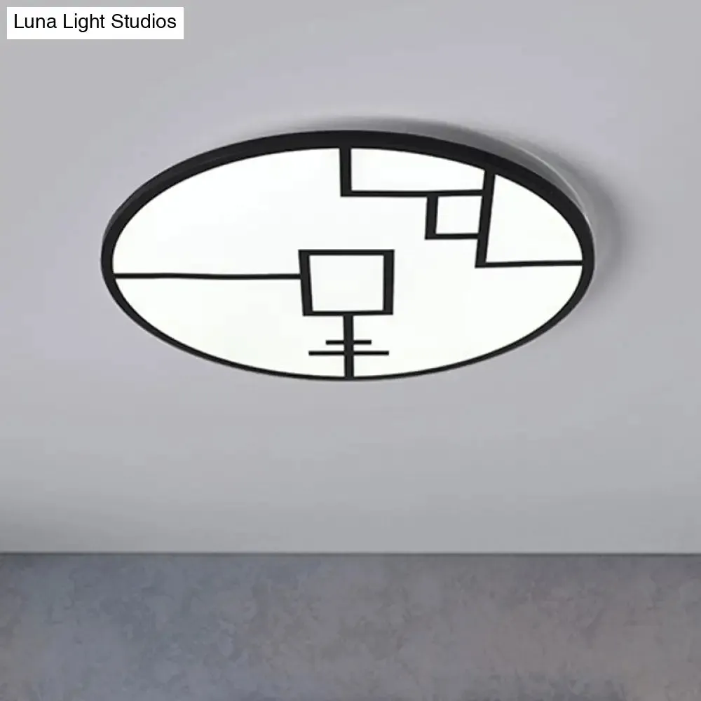 Modern Round Flush Mount LED Bedroom Light in White/Black Metallic with Pattern