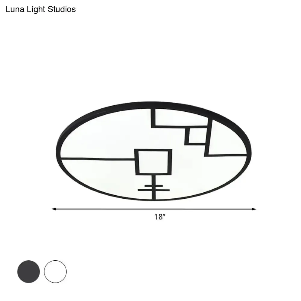 Modern Round Flush Mount LED Bedroom Light in White/Black Metallic with Pattern
