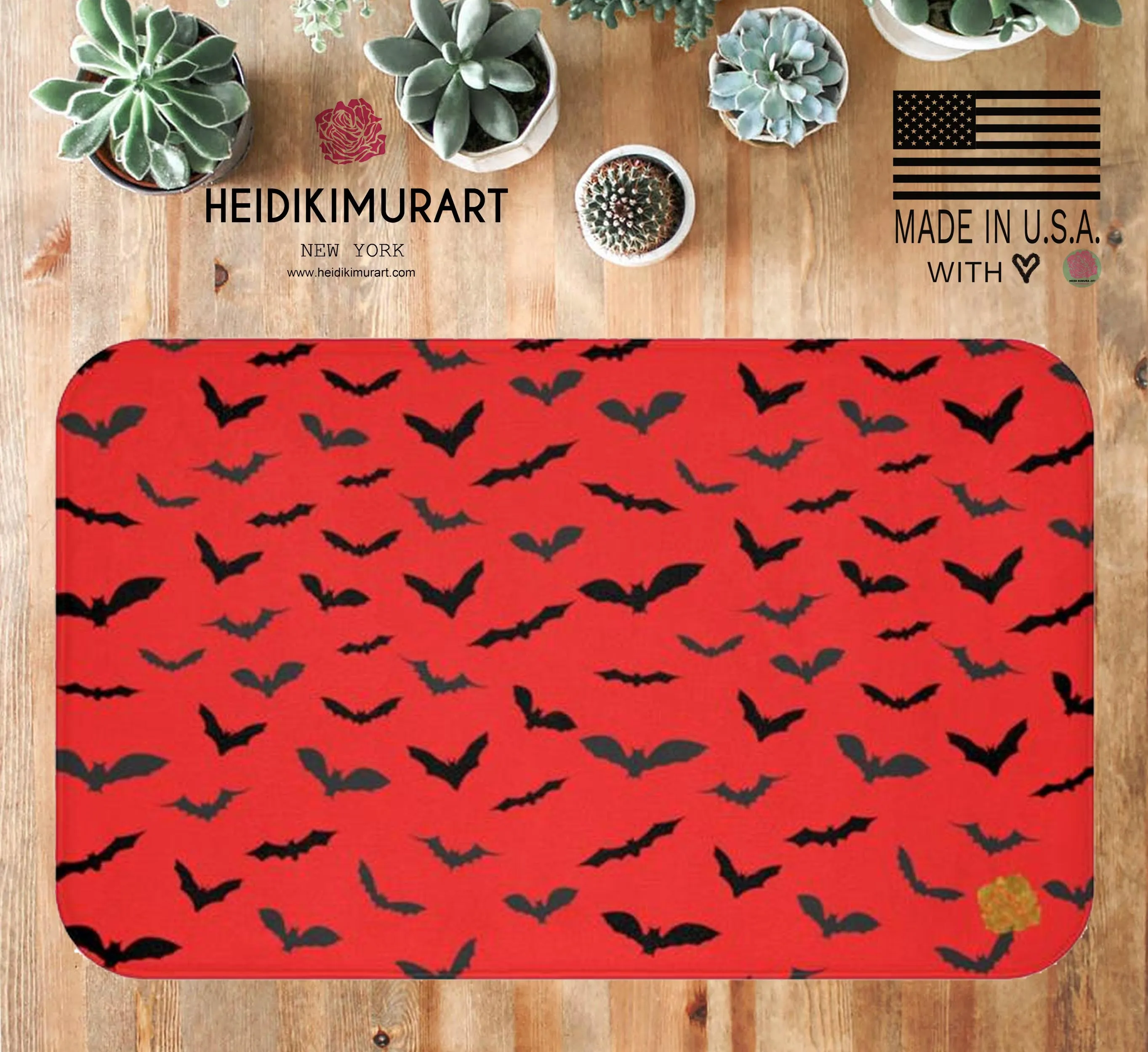 Red Black Flying Bats Designer Halloween Bath Mat-Made in USA
