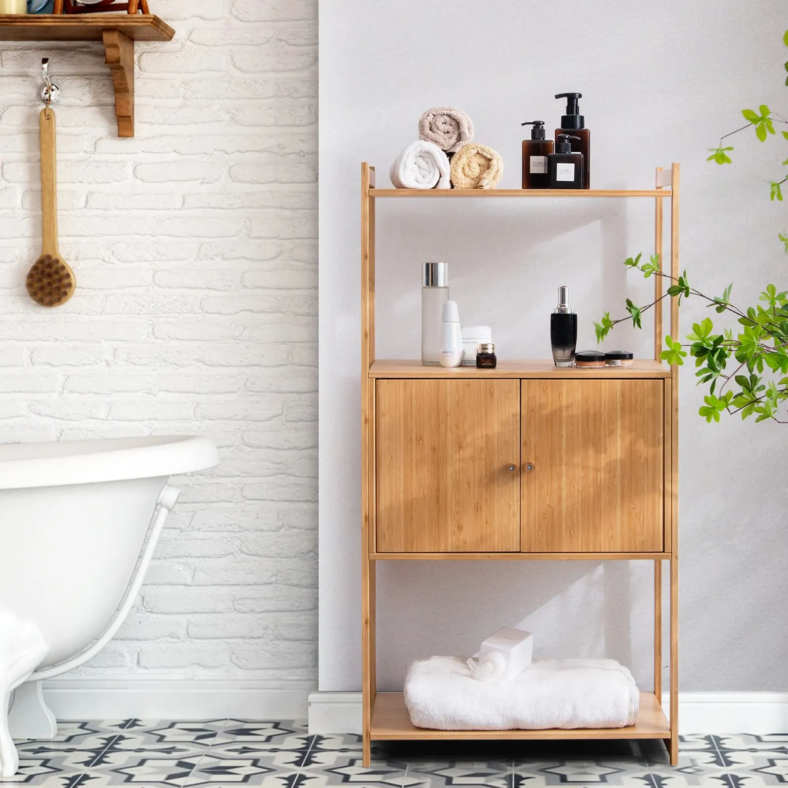 Tangkula Bathroom Cabinet, Bamboo 4 Tier Floor Storage Cabinet with Enclosed Cabinet