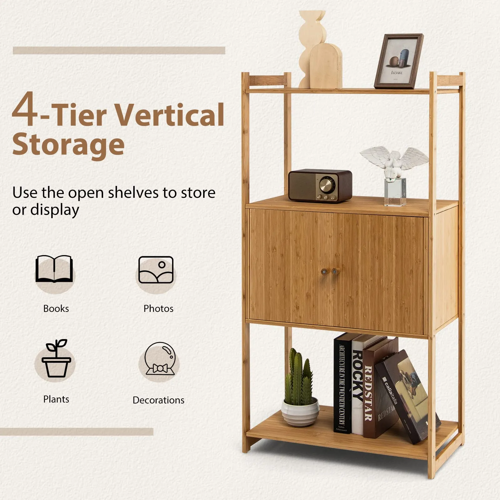 Tangkula Bathroom Cabinet, Bamboo 4 Tier Floor Storage Cabinet with Enclosed Cabinet