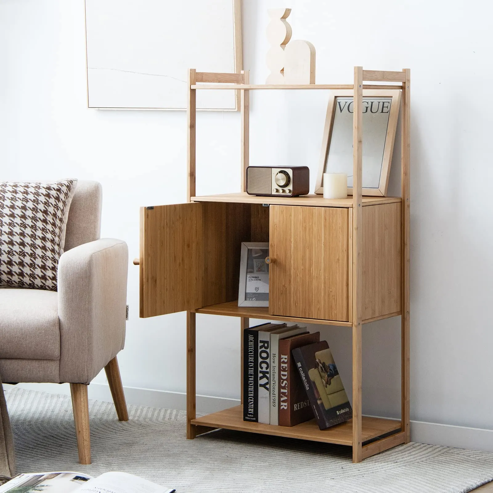 Tangkula Bathroom Cabinet, Bamboo 4 Tier Floor Storage Cabinet with Enclosed Cabinet