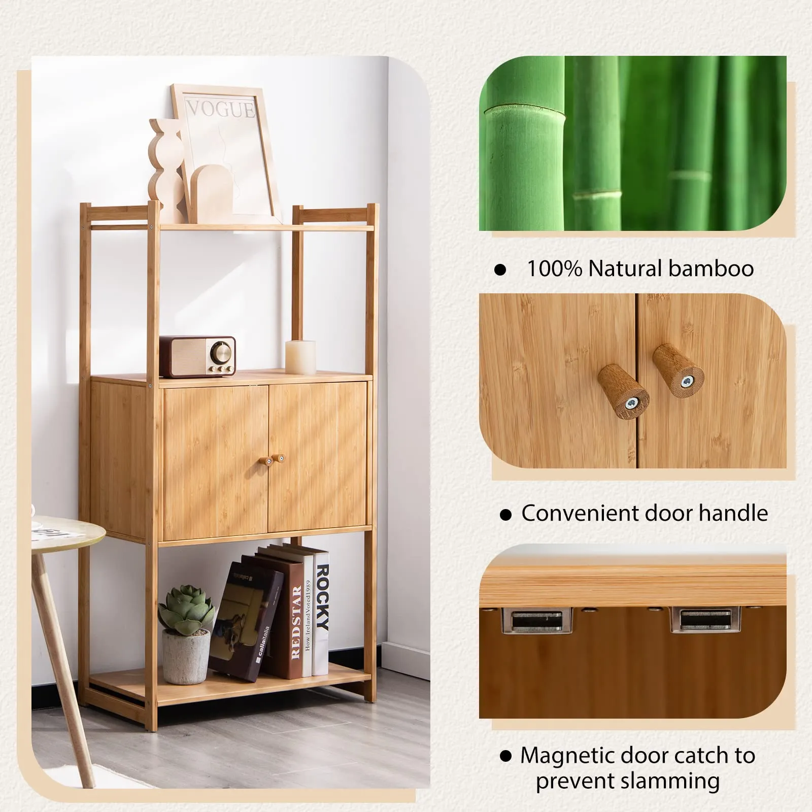 Tangkula Bathroom Cabinet, Bamboo 4 Tier Floor Storage Cabinet with Enclosed Cabinet