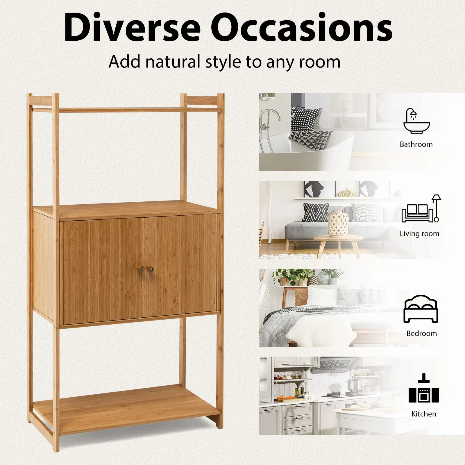 Tangkula Bathroom Cabinet, Bamboo 4 Tier Floor Storage Cabinet with Enclosed Cabinet