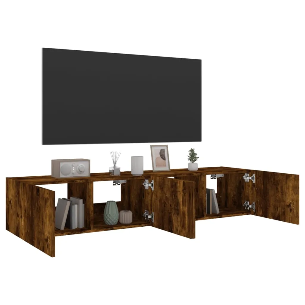 vidaXL TV Wall Cabinets with LED Lights 2 pcs Smoked Oak 80x35x31 cm