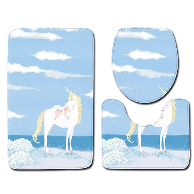 Zeegle 3pcs/set Toilet Bath Mat Unicorn Pattern Bathroom Mats Rugs Anti-slip Bathroom Floor Mats Pedestal Rug Toilet Seat Cover