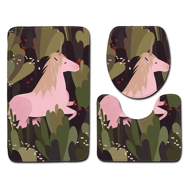 Zeegle 3pcs/set Toilet Bath Mat Unicorn Pattern Bathroom Mats Rugs Anti-slip Bathroom Floor Mats Pedestal Rug Toilet Seat Cover
