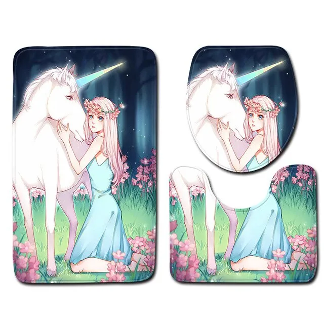 Zeegle 3pcs/set Toilet Bath Mat Unicorn Pattern Bathroom Mats Rugs Anti-slip Bathroom Floor Mats Pedestal Rug Toilet Seat Cover